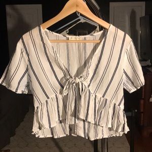 LA HEARTS navy & white stripe tie knot ruffle top